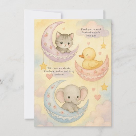 三日月の赤ん坊の動物の赤ちゃんシャワー新生児 サンキューカード (正面)