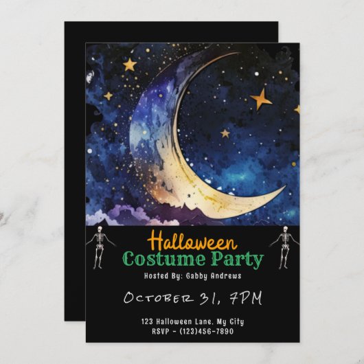三日月の青い空と星ブラックハロウィン 招待状 (正面/裏面)