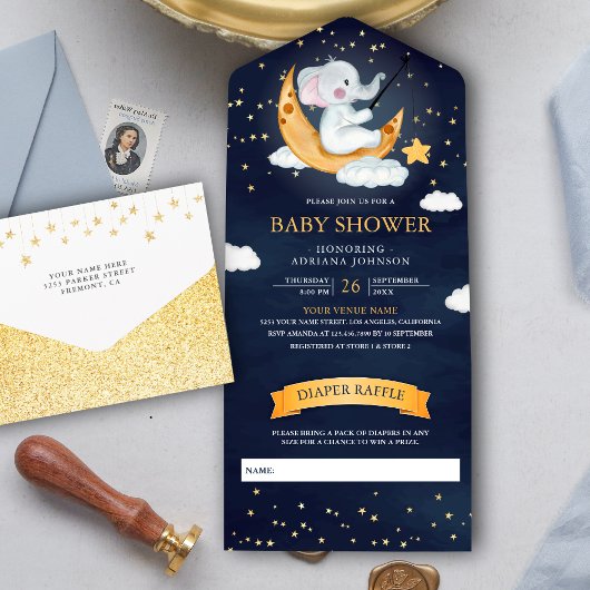 三日月スターズエレファントネイビーブルーベビーシャワー オールインワン招待状