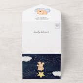 三日月ネイビーブルーテディベア赤ちゃんシャワー オールインワン招待状 (外側)