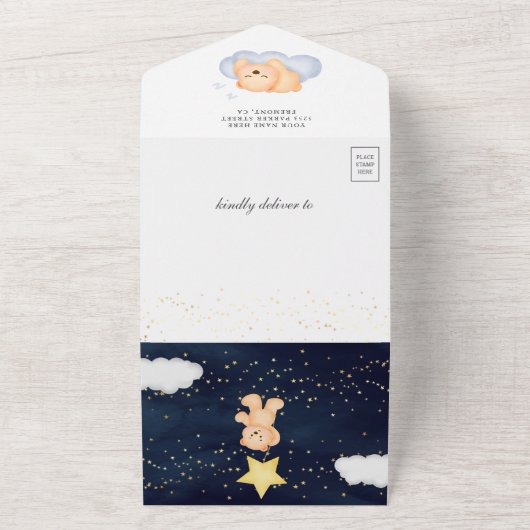 三日月ネイビーブルーテディベア赤ちゃんシャワー オールインワン招待状 (外側)
