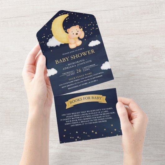 三日月ネイビーブルーテディベア赤ちゃんシャワー オールインワン招待状 (貼ってはがせる)