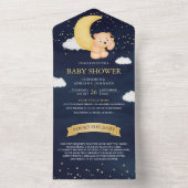 三日月ネイビーブルーテディベア赤ちゃんシャワー オールインワン招待状 (内側)