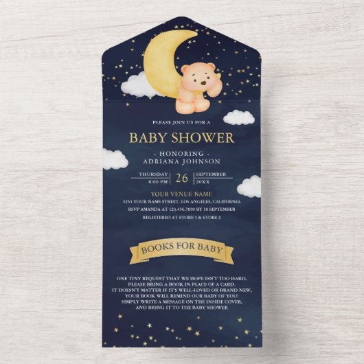 三日月ネイビーブルーテディベア赤ちゃんシャワー オールインワン招待状 (内側)