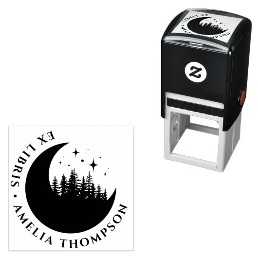 三日月モダンの木と星のラウンドEx Libris セルフインキングスタンプ (インサイチュ)