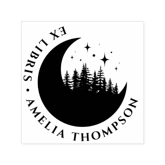 三日月モダンの木と星のラウンドEx Libris セルフインキングスタンプ (デザイン)