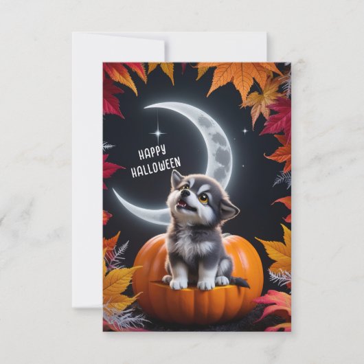 三日月夜の秋の可愛いオオカミ カード (正面)