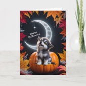 三日月夜の秋 白いかわいいオオカミ カード (正面)