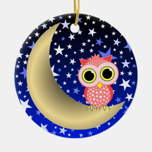 三日月形の月およびフクロウ セラミックオーナメント (正面)