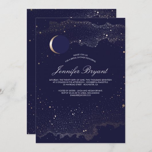三日月形の月および夜星海軍ブライダルシャワー 招待状 (正面/裏面)