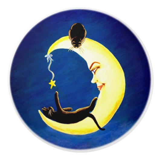 三日月形の月および黒猫のノブ セラミックノブ (正面)