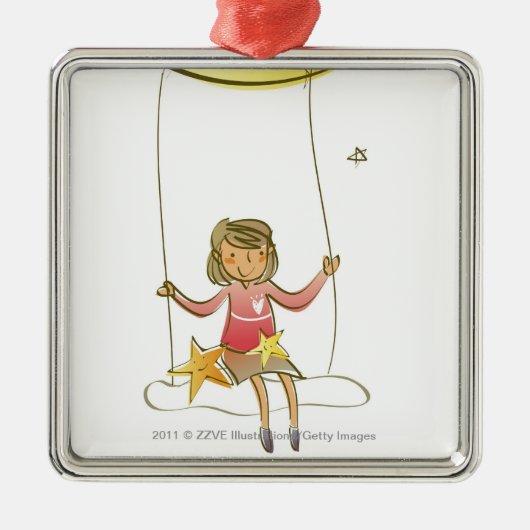 三日月形の月からつるすロープで振れている女の子 メタルオーナメント (正面)