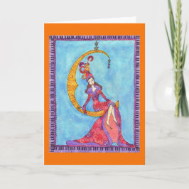 三日月形の月の挨拶状の女性そして猫 カード