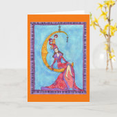 三日月形の月の挨拶状の女性そして猫 カード (黄色い花)