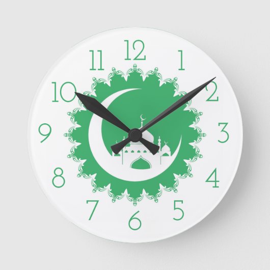 三日月形の月ラマダーンの白いモスク ラウンド壁時計 (正面)
