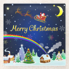 三日月飛んでいる付きサンタクロース ガラスコースター