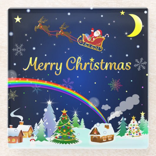 三日月飛んでいる付きサンタクロース ガラスコースター (正面)