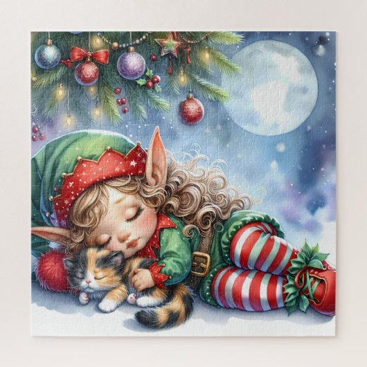 三毛子猫と眠るクリスマスのエルフ ジグソーパズル (縦)
