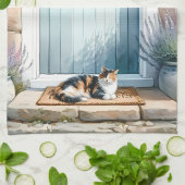 三毛猫とカントリーポーチの花々 キッチンタオル (折り畳み)