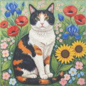 三毛猫とフォークアートのひまわり シール (正面)