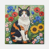 三毛猫とフォークアートのひまわり マグネット (正面)
