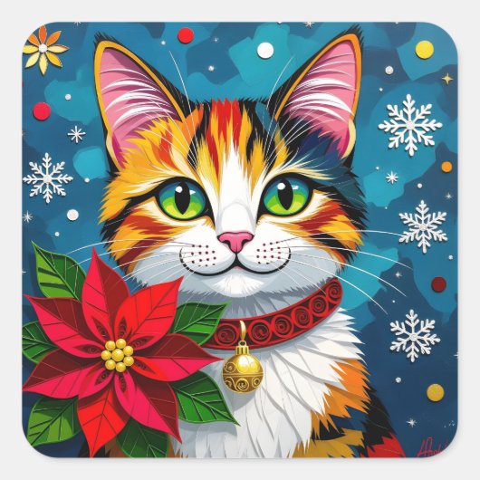 三毛猫とポインセチアと雪の結晶 クリスマス スクエアシール (正面)