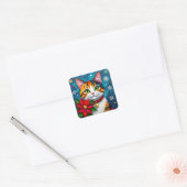 三毛猫とポインセチアと雪の結晶 クリスマス スクエアシール (封筒)
