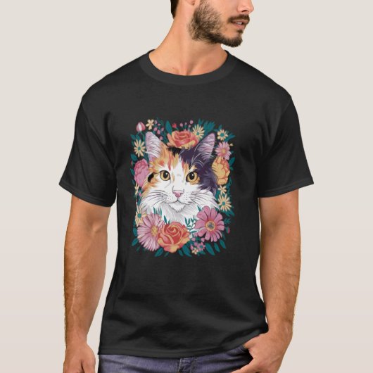 三毛猫と花 Tシャツ (正面)