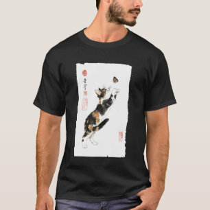三毛猫と蝶の和風古典絵画 Tシャツ