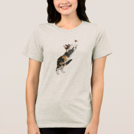 三毛猫と蝶の水彩デザインの女性用 トライブレンドTシャツ