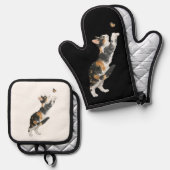 三毛猫と蝶の水彩画 鍋つかみ&鍋敷きセット (正面/裏面)