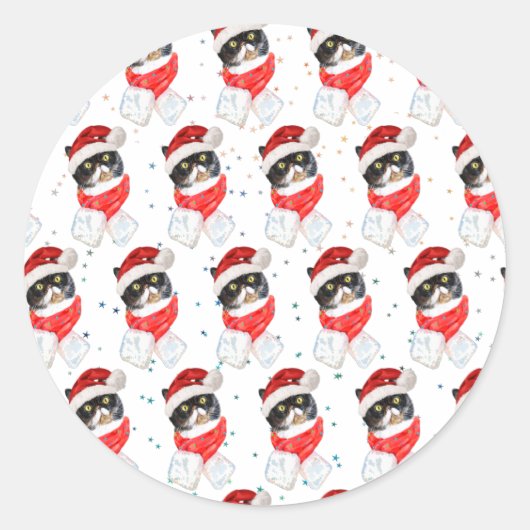 三毛猫のクリスマス水彩画(マフラー付き) ラウンドシール (正面)