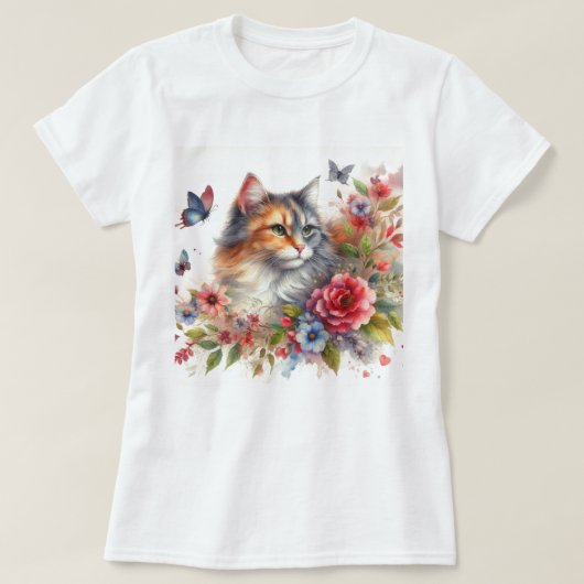 三毛猫のレディース ウォーターカラー Tシャツ (デザイン正面)