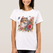 三毛猫のレディース ウォーターカラー Tシャツ (正面)