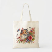 三毛猫の水彩画と可愛い花々 トートバッグ (正面)