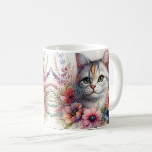 三毛猫の花の肖像画 コーヒーマグカップ (正面右)