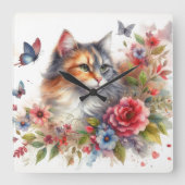 三毛猫の花柄ウォールクロック スクエア壁時計 (正面)