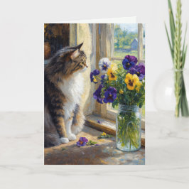 三毛猫の誕生日 パンジーの花束 カード