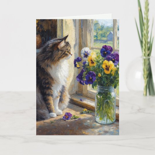 三毛猫の誕生日 パンジーの花束  カード (正面)