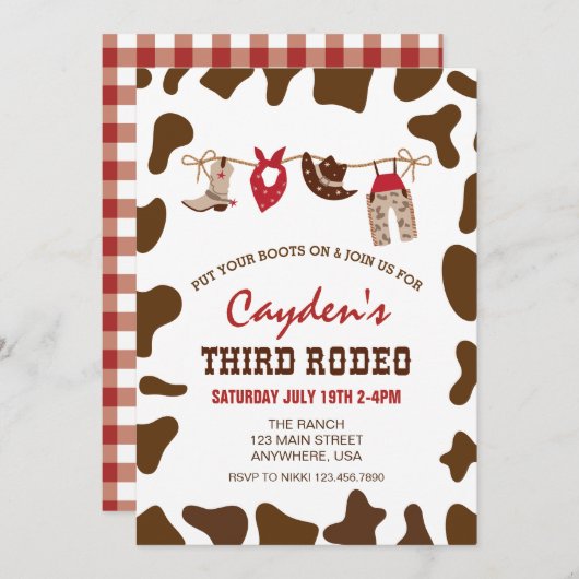 三番目のロデオ西カウボーイ3番目の誕生日 招待状 (正面/裏面)