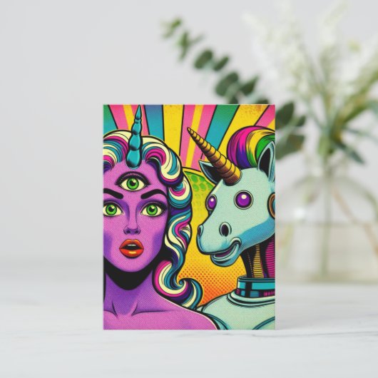 三目とロボットのユニコーンを持つ人 ポストカード (スタンド正面)