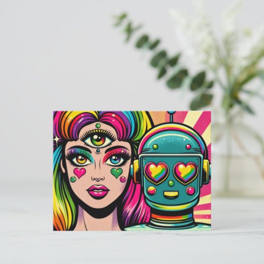 三眼目とロボットを持つ女性 ポストカード (スタンド正面)