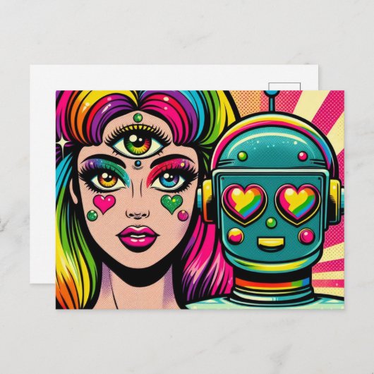 三眼目とロボットを持つ女性 ポストカード (正面/裏面)