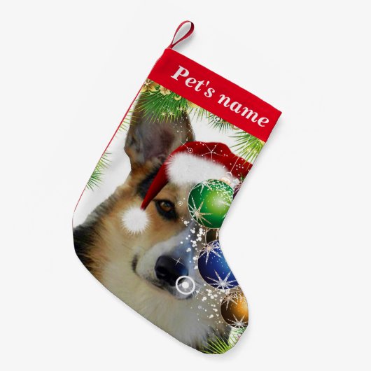 三色のクリスマスのコーギー スモールクリスマスストッキング (正面 (吊り時))