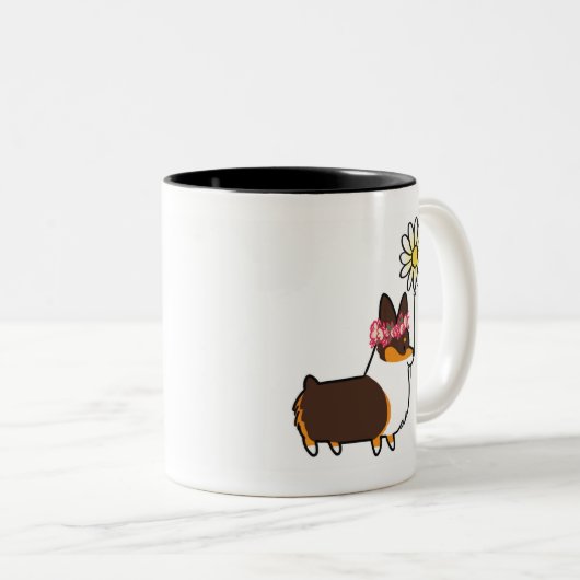 三色のペンブロークのコーギーの花のマグ| CorgiThings ツートーンマグカップ (正面右)