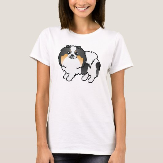 三色の可愛いキャラクターポメラニアン犬 Tシャツ (正面)