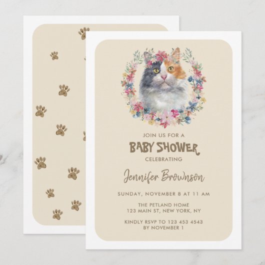 三色キャリコ猫ベビーシャワー 招待状 (正面/裏面)