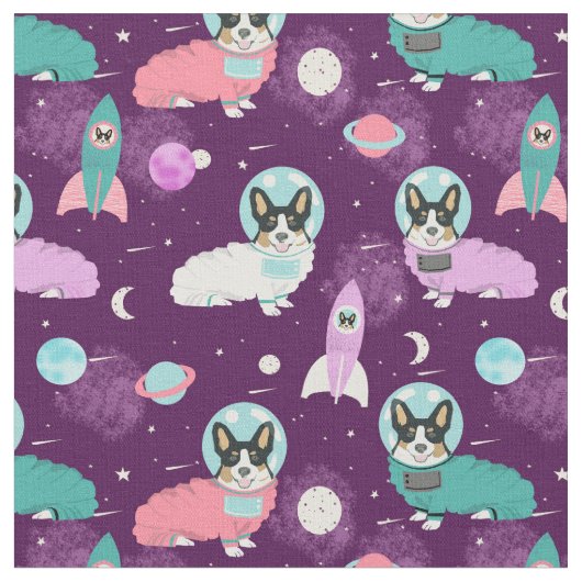 三色コルギドッグズパープル宇宙犬 ファブリック (クローズアップ)