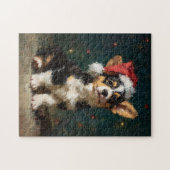 三色コーギーの子犬のクリスマス絵画 ジグソーパズル (横)
