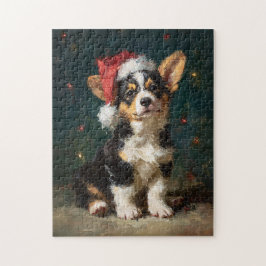 三色コーギーの子犬のクリスマス絵画 ジグソーパズル
